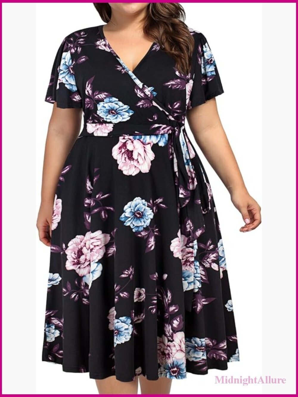 Plus Size V Neck Floral Cocktail Midi Dress with Pockets